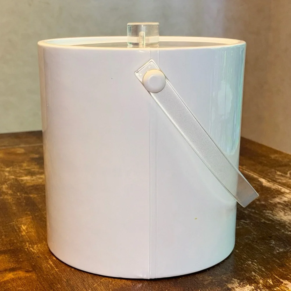 Vintage White Vinyl Ice Bucket with Lucite Handle and Lid
